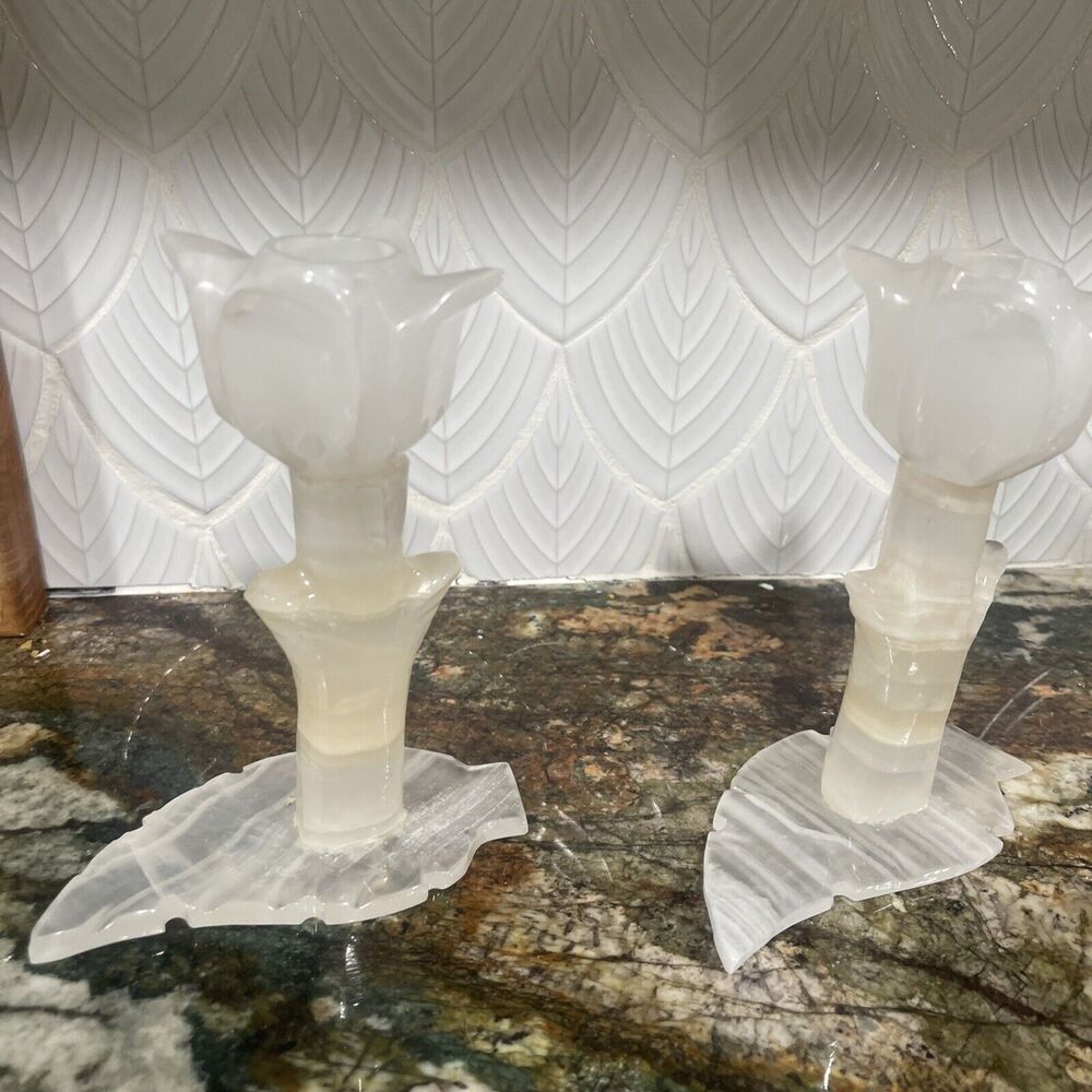 Set Of Stone Candlesticks Flower•Carved•Onyx/Alabaster SM Chips In Each  Flower.